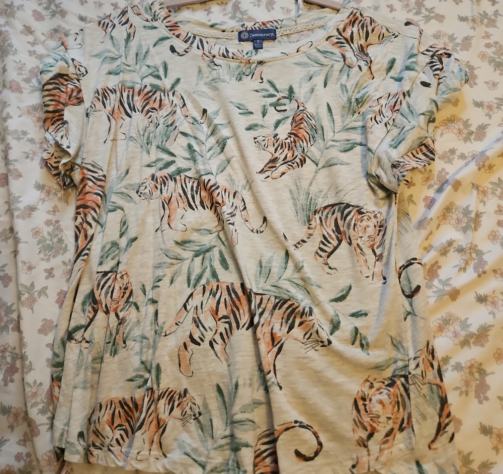 Democracy Cream Short Sleeve Tiger Print Tee with Orange Accents